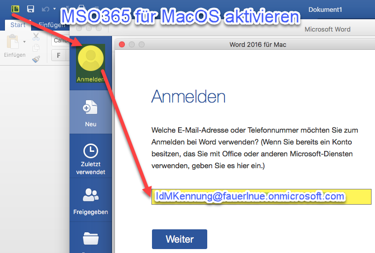 Das Bild zeigt, dass Sie über "Anmelden" MSO365 für macOS aktivieren können.