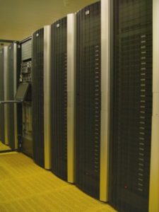 row of racks with servers