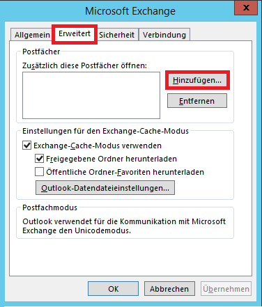 Das Bild zeigt, dass Sie im Fenster "Microsoft Exchange" auf "Erweitert" und dann auf "Hinzufügen" klicken sollen.