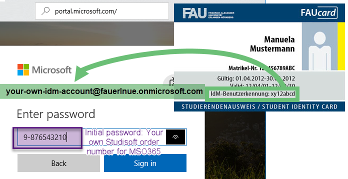 The Microsoft login window and the way you login with your own IdM-Account and password are shown here.