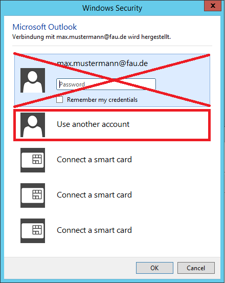 Das Bild zeigt das Fenster Windows Security. Sie sollen nicht Ihr Passwort eingeben, sondern "Use another account" wählen.