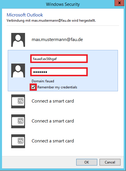 Das Bild zeigt, dass Sie im Fenster "Windows Security" nun wie beschrieben Benutzername und Kennwort ("Remember my credentials" aktivieren) eingeben sollen.