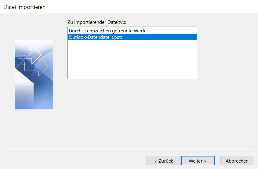 In diesem Bild wird das Fenster "Datei importieren" gezeigt. Hier sollen Sie beim zu importierenden Dateityp "Outlook-Datendatei (.pst)" auswählen und anschließend auf "Weiter" klicken.