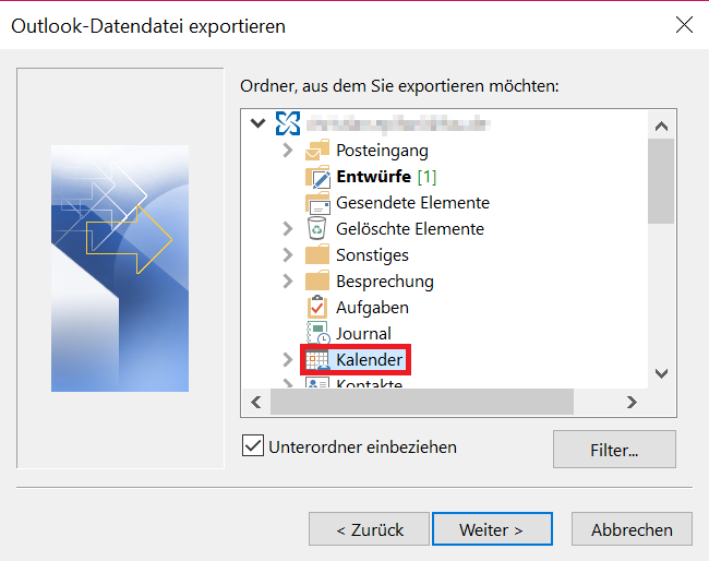 Hier wird gezeigt, dass Sie im offenen Fenster "Outlook-Datendatei exportieren" erst "Kalender" und dann "Weiter" klicken sollen.