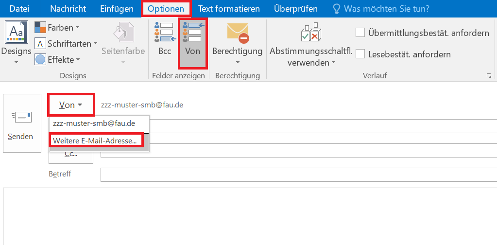 Das Bild zeigt, dass Sie in Outlook unter dem Reiter "Optionen" und dem Feld "Von" zu "Weitere E-Mail-Adresse" gelangen.