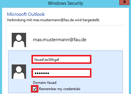 In diesem Bild wird gezeigt, dass Sie im geöffneten Fenster "Windows Security" für Ihr Konto Ihren Benutzernamen sowie Ihr Passwort eingeben sollen und "Remember my credentials" aktivieren sollen.
