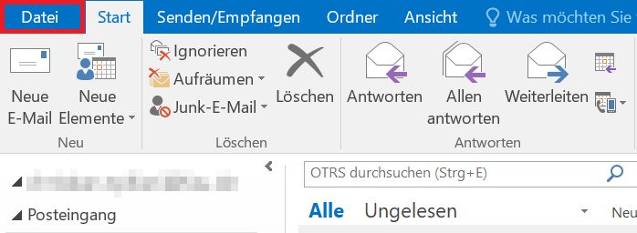 Das Bild zeigt, dass man in Outlook die Kategorie "Datei" auswählen soll.
