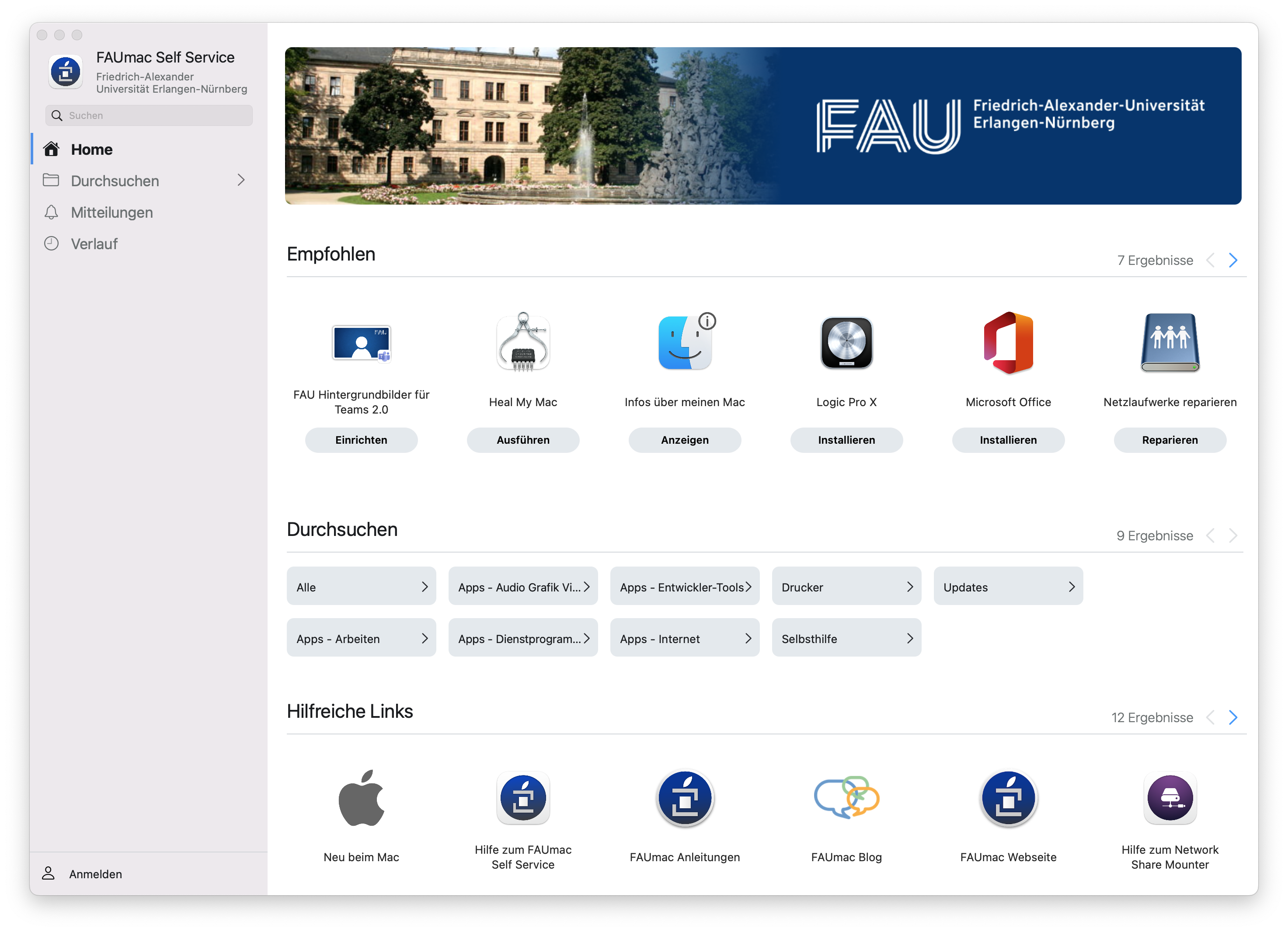 Das Bild zeigt die Hauptseite des FAUmac Self Service.
