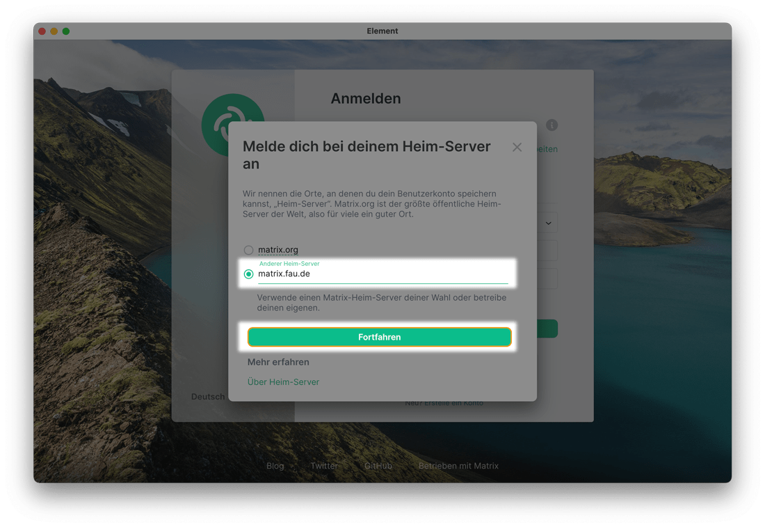 Der Dialog "Melde dich bei deinem Heimserver an" ist zu sehen. Im Feld anderer Heim-Server steht "Matrix.fau.de"