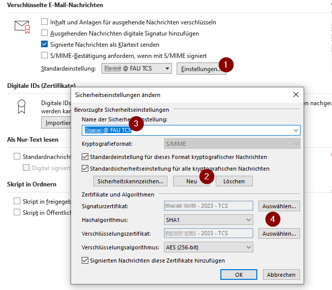 Dieser Screenshot zeigt wo man klicken muss, um weitere Zertifikatsprofile in Microsoft Outlook zu erstellen